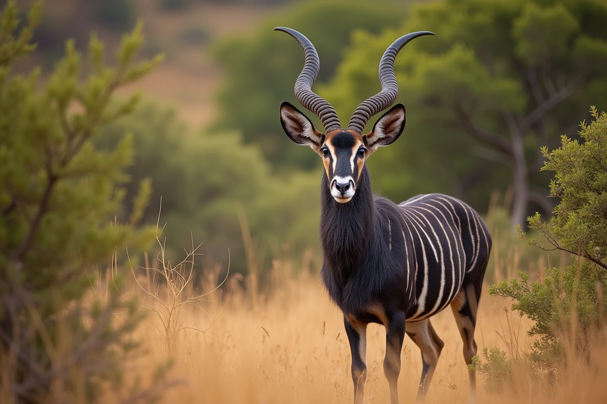 Nyala mâle aux cornes spiralées et au pelage sombre rayé de blanc, debout au bord d'une végétation dense de savane sud-africaine