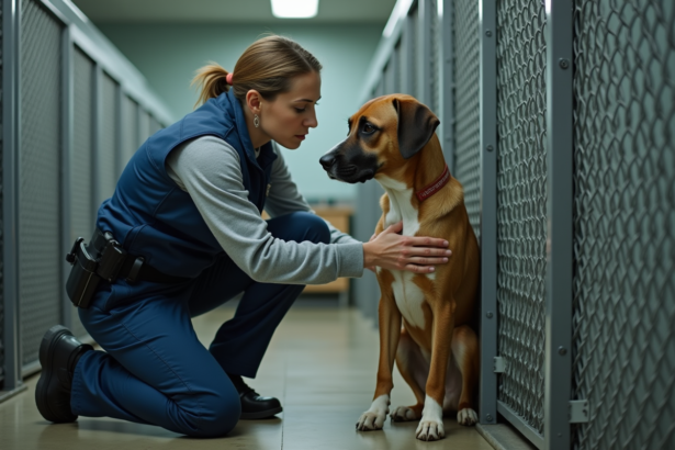 Officier animalier en bleu plaçant un chien derrière une cage