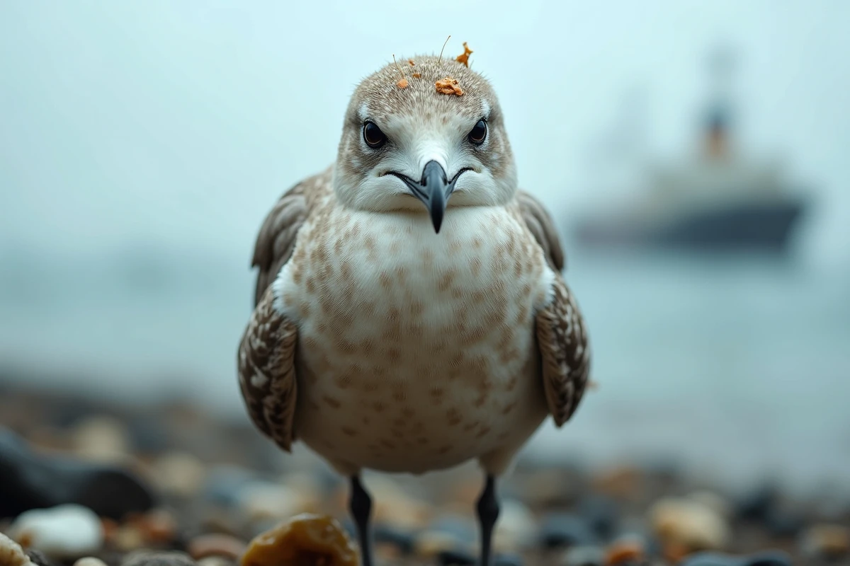 Oiseau marin avec plumes entremelées de plastique et d