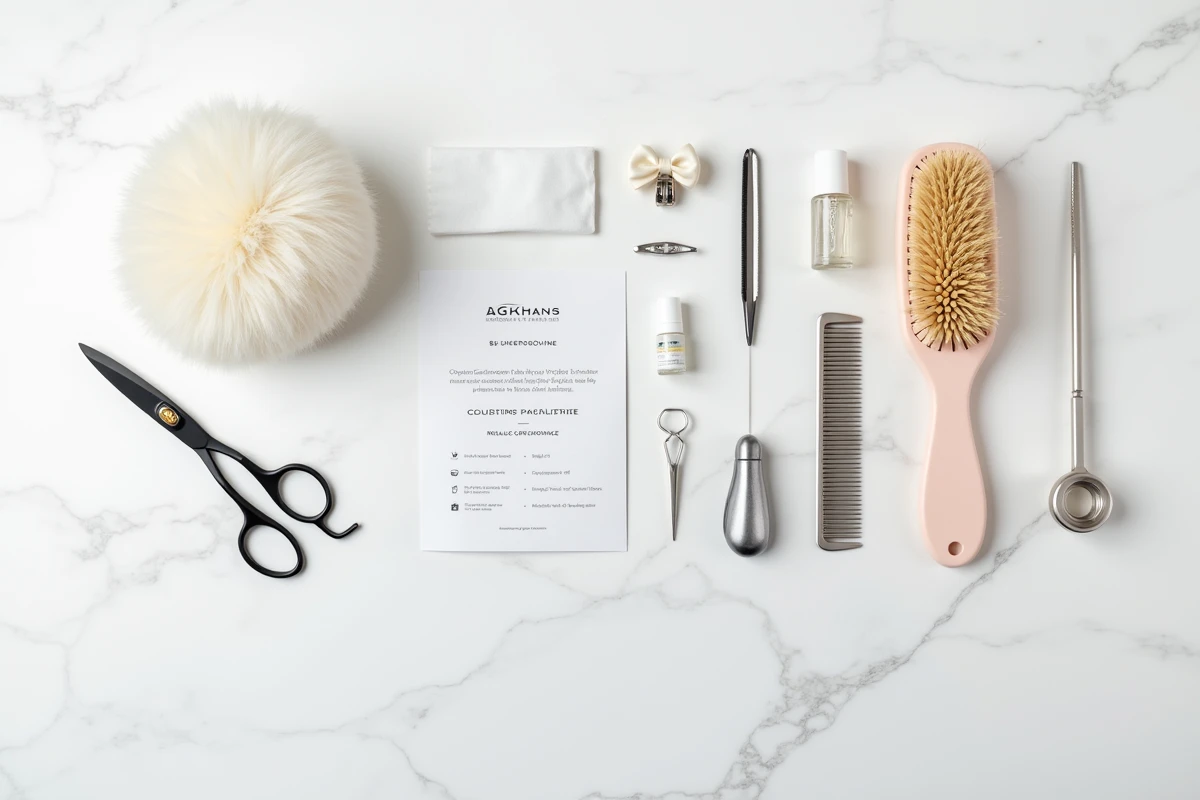 Flat lay des outils de toilettage essentiels pour Bichon Maltais : brosse, peigne, ciseaux, spray démêlant et coton