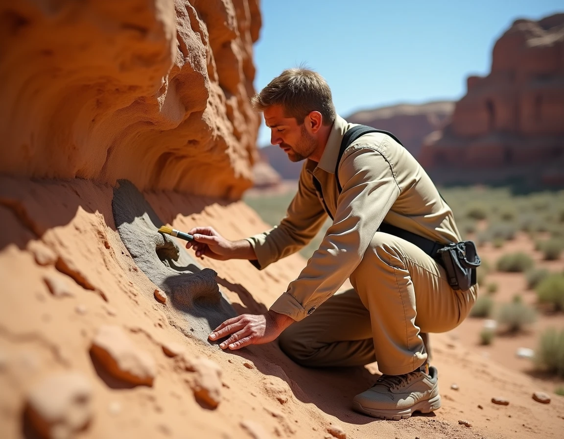 Paléontologue sur un site de fouilles examinant un fossile de dinosaure carnivore dans des falaises sédimentaires