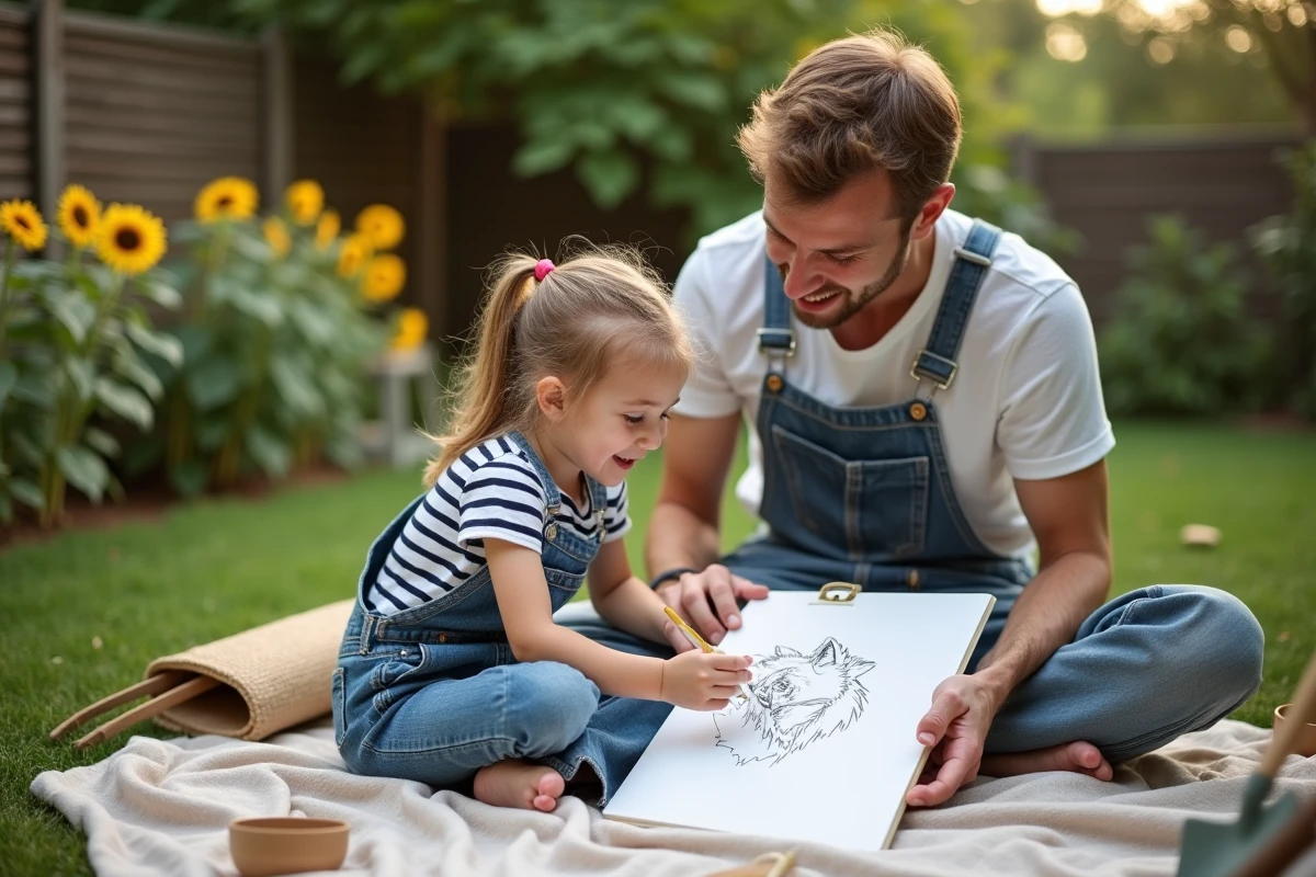 Père et fille dessinant un loup dans le jardin en famille