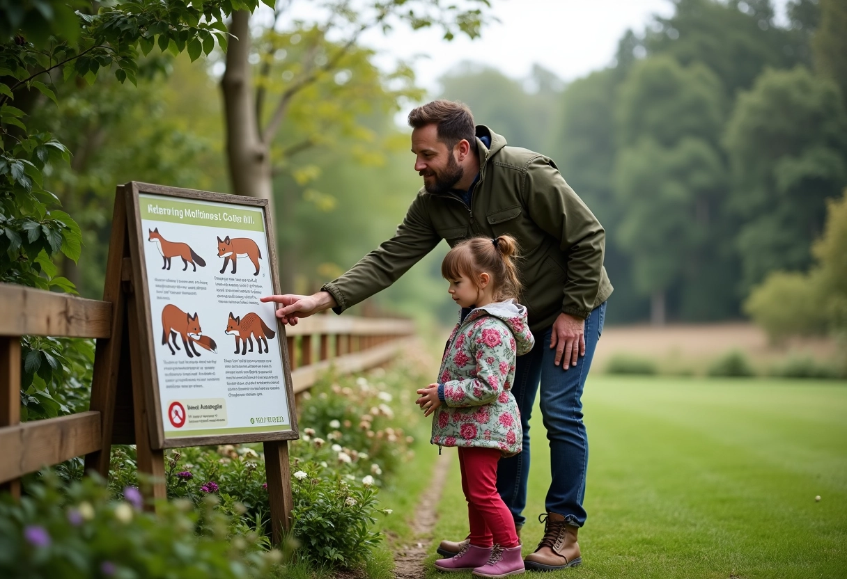 Père et fille lisant un panneau éducatif sur les renards dans le jardin