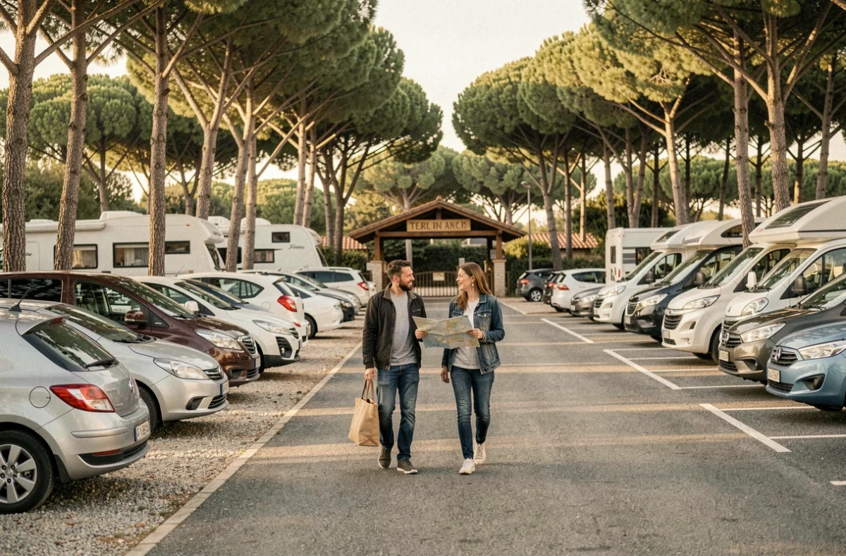 Parking du Zoo de La Palmyre avec des voitures garées sous les pins maritimes en Charente-Maritime
