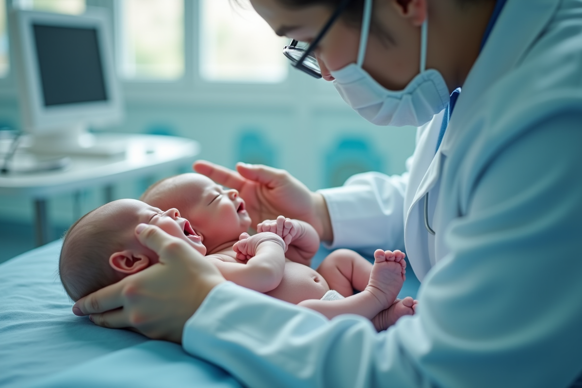Pediatre examine doucement des jumeaux conjoins dans une salle claire