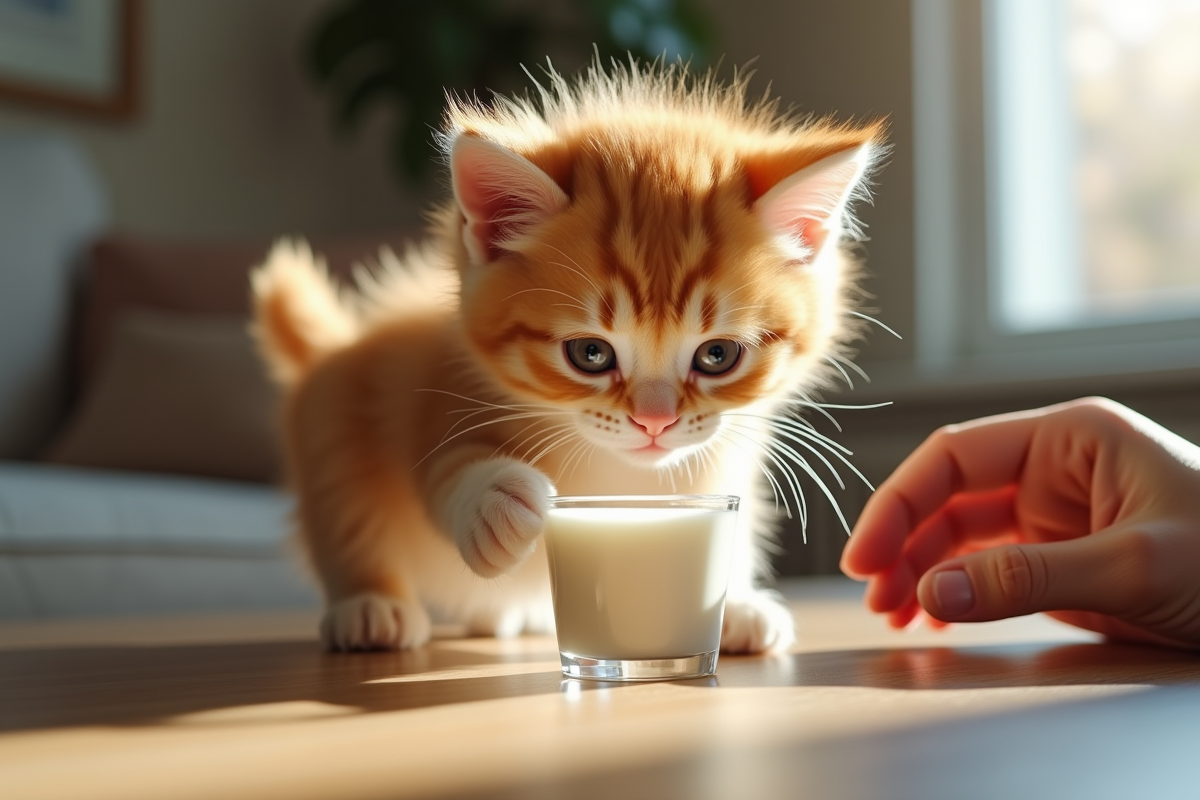 Petit chat orange atteignant un bol de lait dans la salle à manger