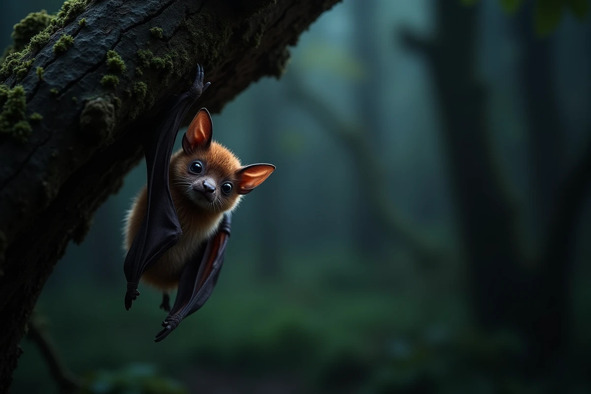 Pipistrelle commune accrochée à l'écorce d'un chêne dans une forêt nocturne, chauve-souris animale nocturne au repos