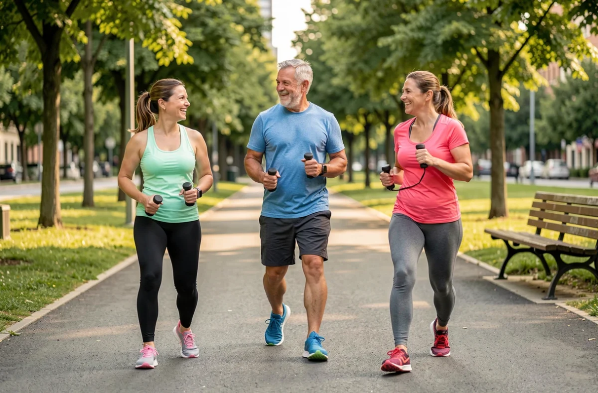 Groupe d'adultes pratiquant le pocket sport en plein air dans un parc urbain, exercice doux et convivial