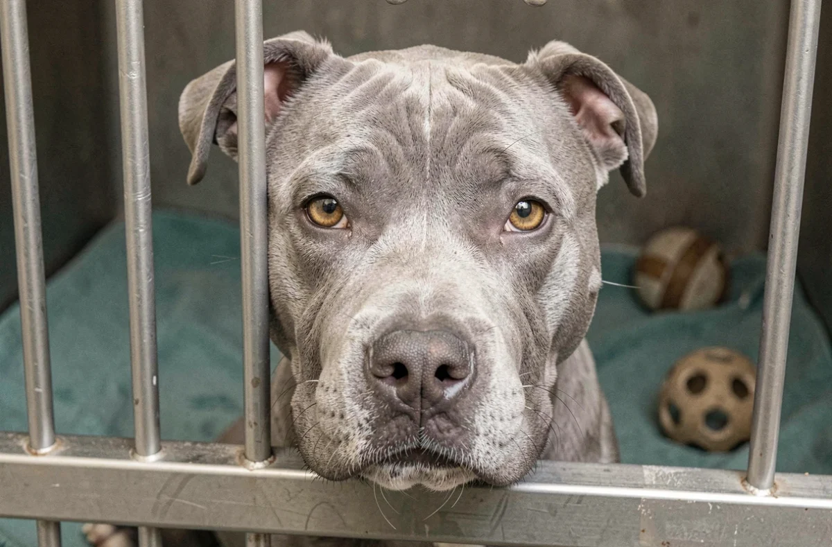 Portrait expressif d'un Staffie Bleu adulte en refuge appuyant son menton sur la porte de son box, regard doux et attentif vers l'objectif