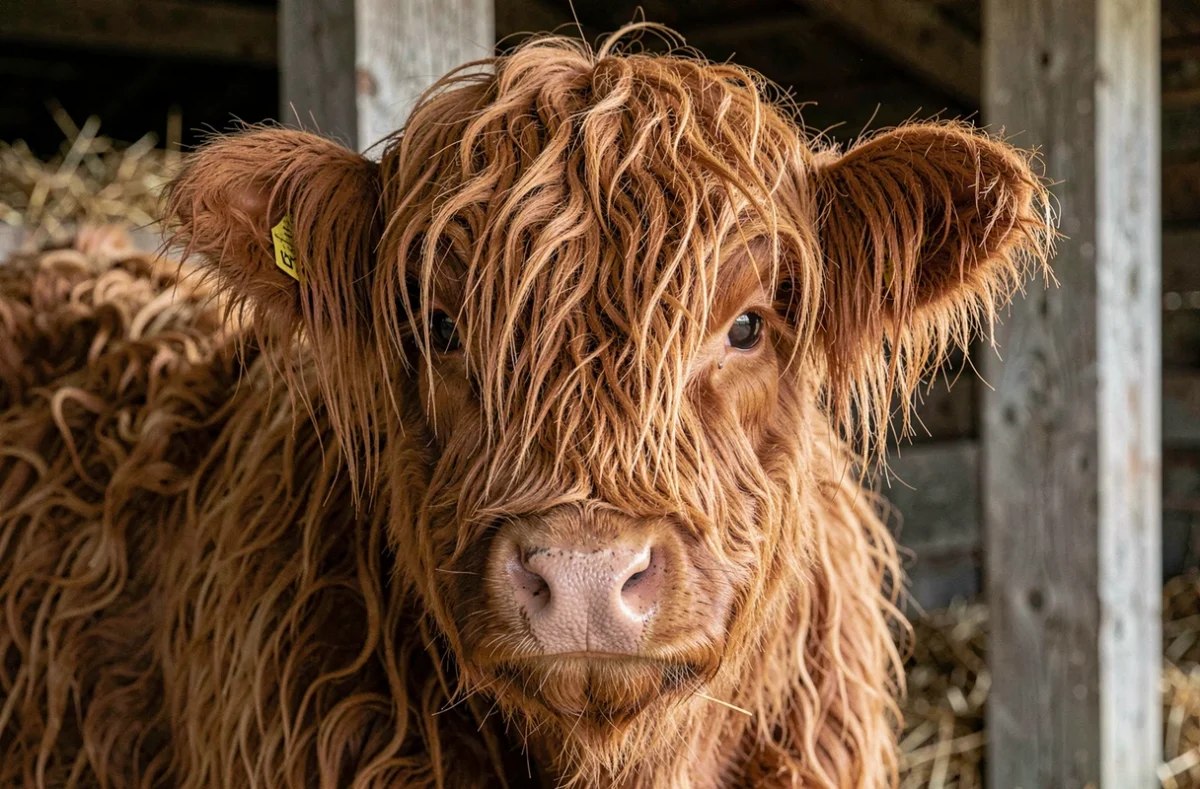 Portrait rapproché d'une vache Highland fluffy avec sa longue frange rousse caractéristique dans une grange rustique