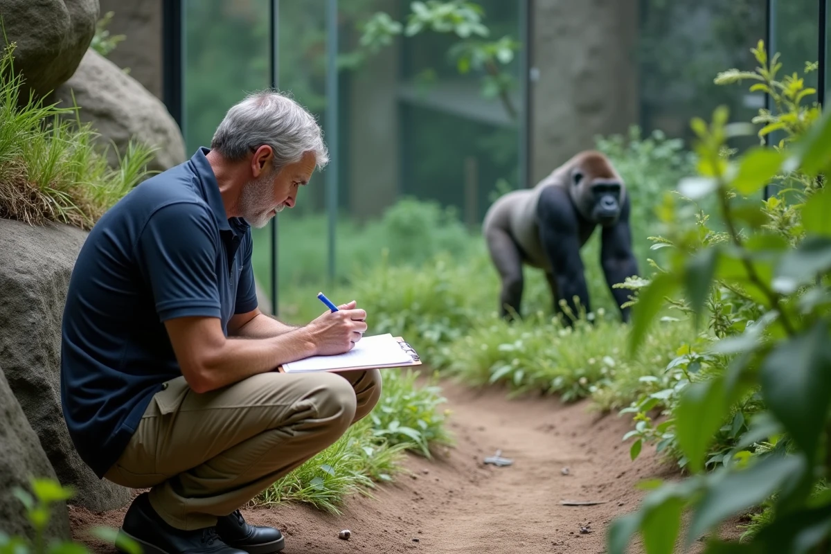 Primatologue observant un gorille des plaines dans son habitat naturel reconstitué en parc zoologique