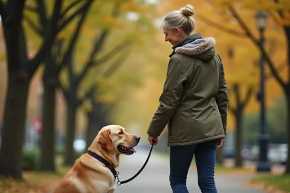 Femme avec Labrador dans un parc urbain calme