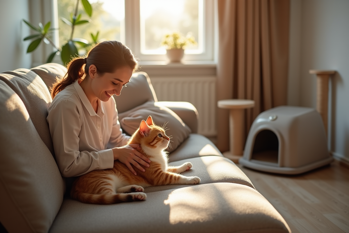 Propriétaire caressant son chat dans un salon ensoleille