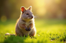 Quokka debout sur l'herbe verte au matin lumineux