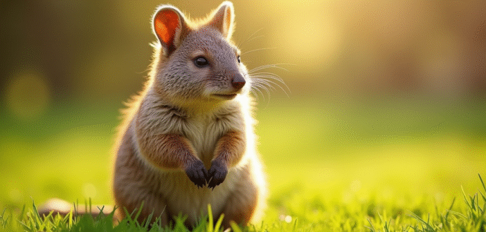 Quokka debout sur l'herbe verte au matin lumineux