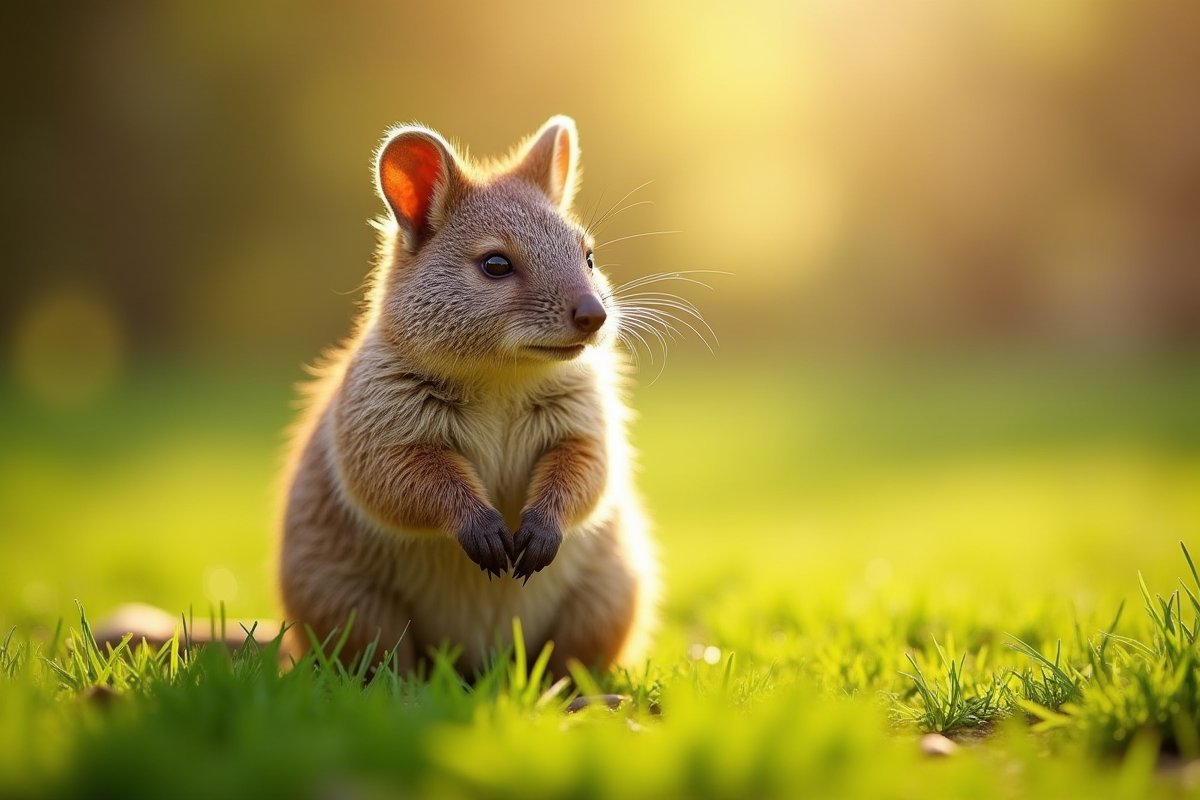 Quokka debout sur l'herbe verte au matin lumineux