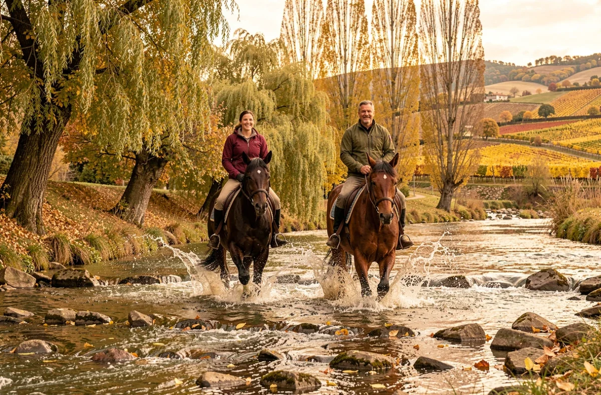 Deux cavaliers traversant un gué de la rivière Drôme entouré de peupliers aux feuilles dorées en automne