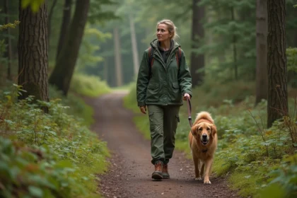 Femme en randonnée guidant un golden retriever en forêt