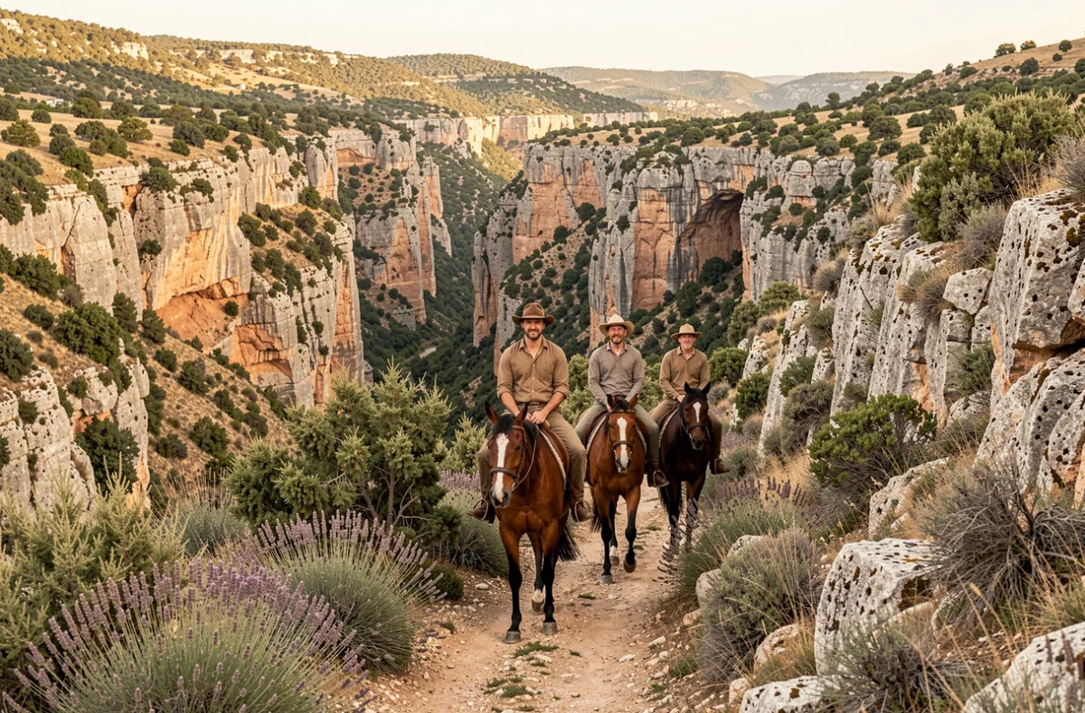 Groupe de cavaliers en randonnée dans les gorges de l'Ardèche méridionale avec végétation de garrigue et falaises calcaires
