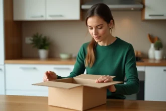 Femme ouvrant avec précaution un colis de livraison contenant une fourmilière sur une table en bois