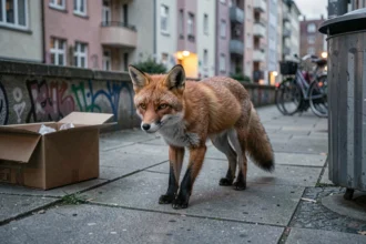 Renard urbain marchant sur un trottoir en ville, illustrant la présence croissante des renards dans les zones urbaines