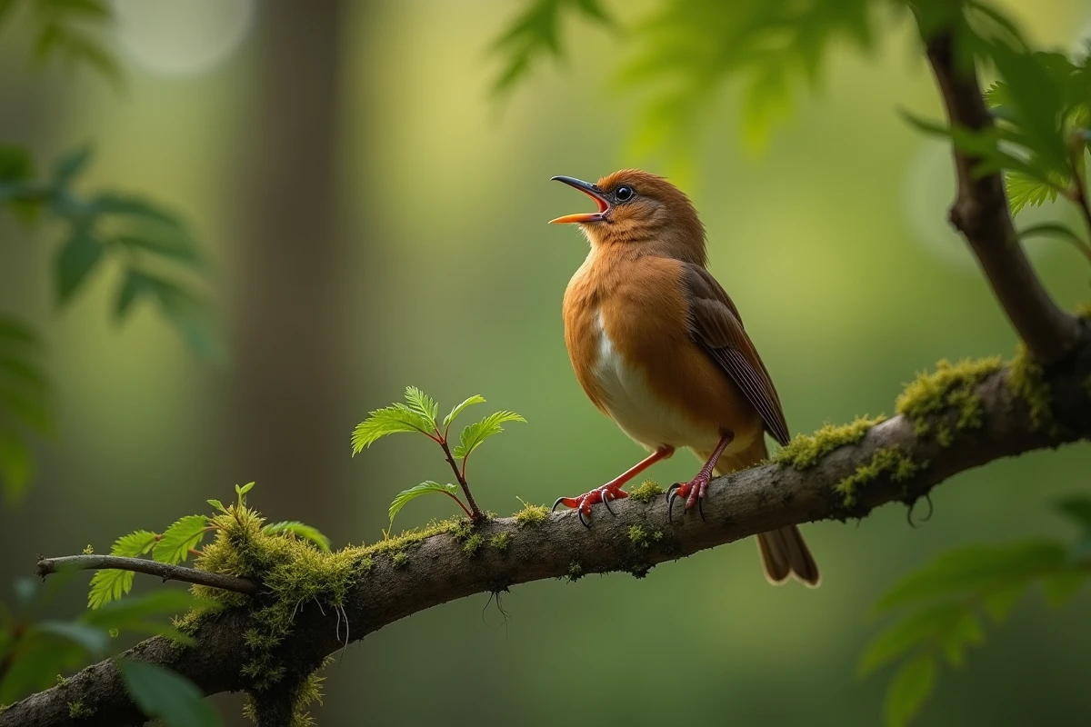 Rossignol perché sur une branche moussue en forêt européenne, bec ouvert en plein chant, animal en N identifiable