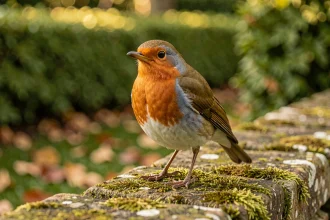 Rouge-gorge familier perché sur un vieux mur de pierre moussu dans un jardin en automne