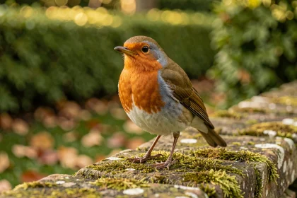Rouge-gorge familier perché sur un vieux mur de pierre moussu dans un jardin en automne