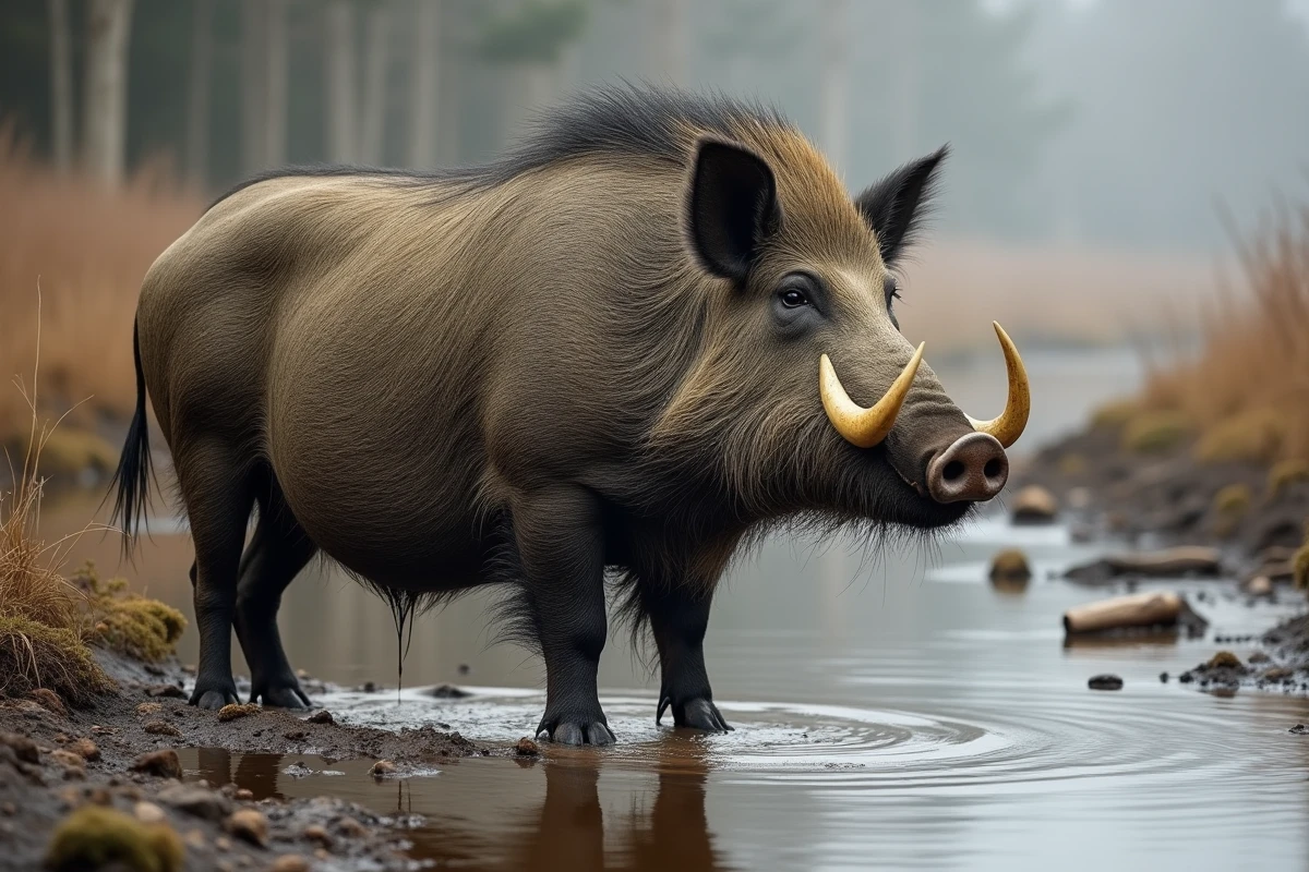 Énorme sanglier sauvage en profil complet près d'une rivière montrant sa taille et ses défenses recourbées