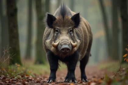 Sanglier géant en forêt européenne montrant ses défenses et sa masse corporelle impressionnante