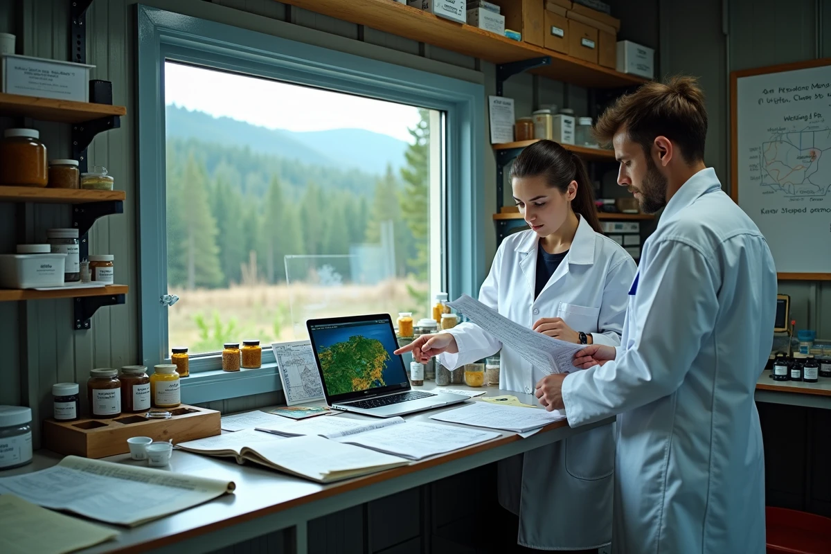 Deux scientifiques analysant des données sur les animaux les plus rares dans un laboratoire de terrain