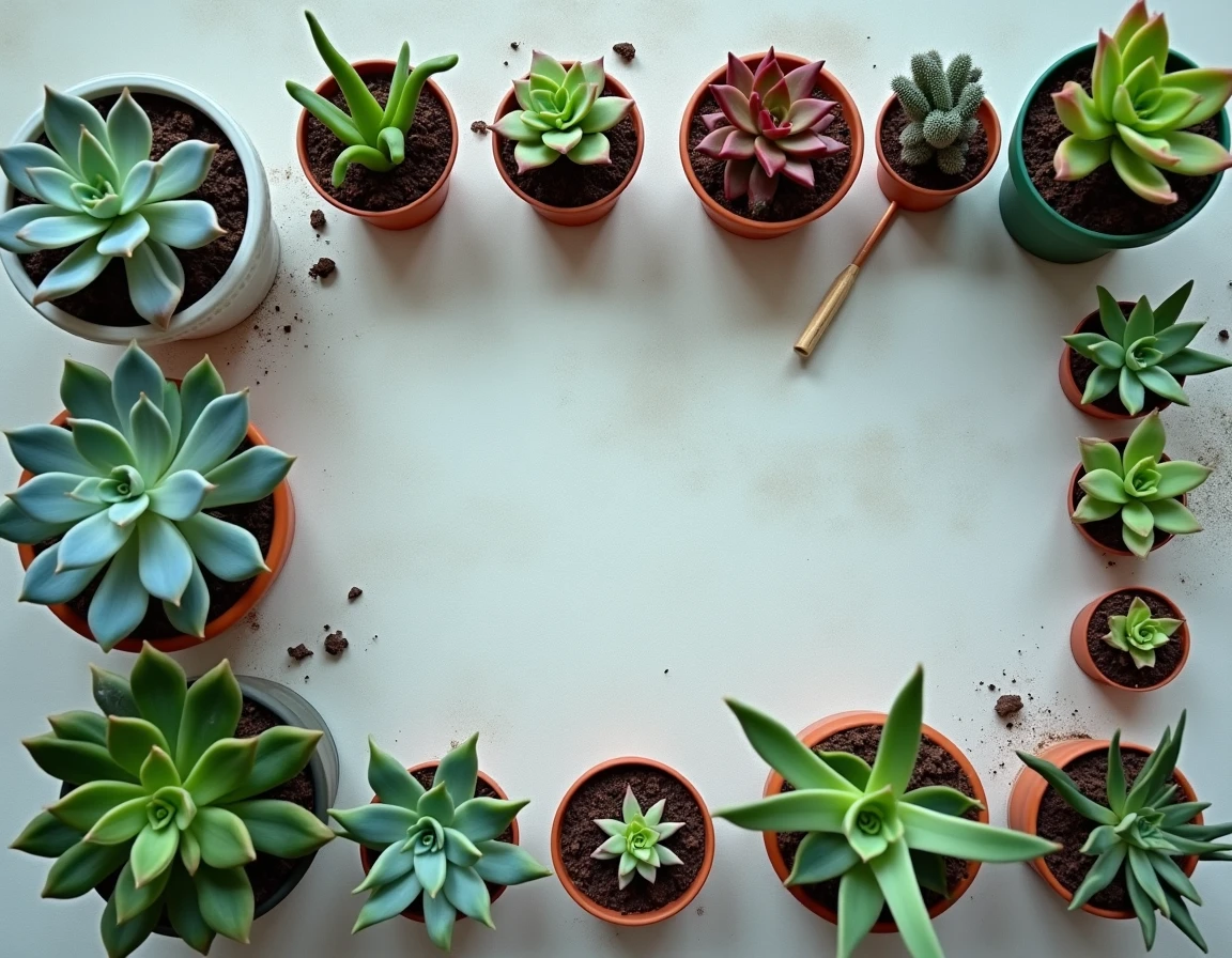 Vue en plongée d'une sélection de plantes succulentes adaptées aux tortues disposées sur fond béton gris avec étiquettes botaniques
