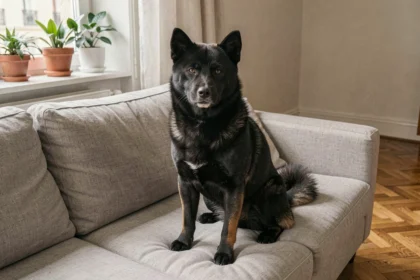 Shiba Inu noire assise sur un canapé dans un appartement moderne, illustrant la vie en appartement avec ce chien de race japonaise