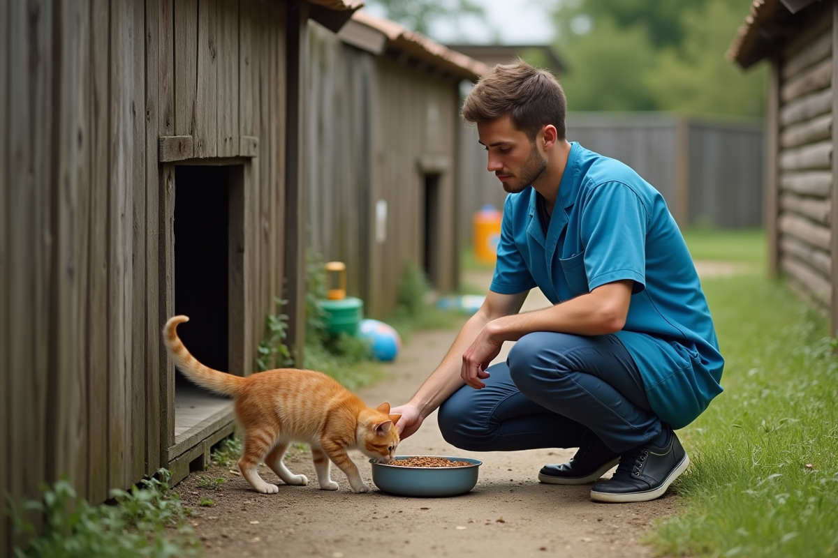 Employé nourrissant un chaton roux dans enclos extérieur