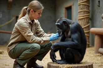 Soigneuse effectuant un contrôle de santé sur un chimpanzé adulte dans un parc zoologique moderne