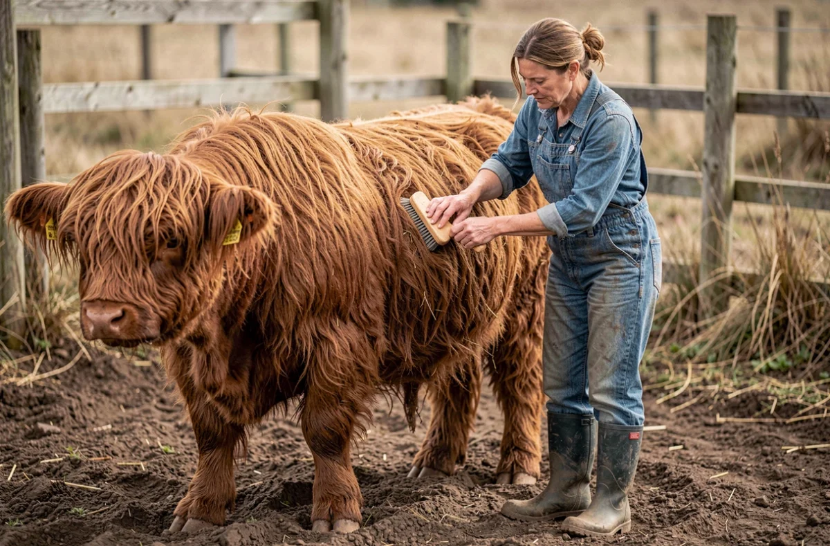 Éleveuse brossant et entretenant le pelage épais d'une vache Highland fluffy dans un enclos extérieur à la ferme