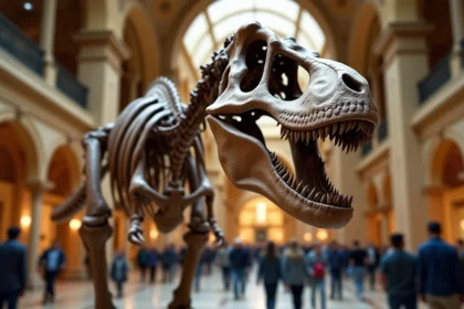 Squelette de Tyrannosaurus rex exposé dans un musée d'histoire naturelle, dinosaure carnivore du Crétacé