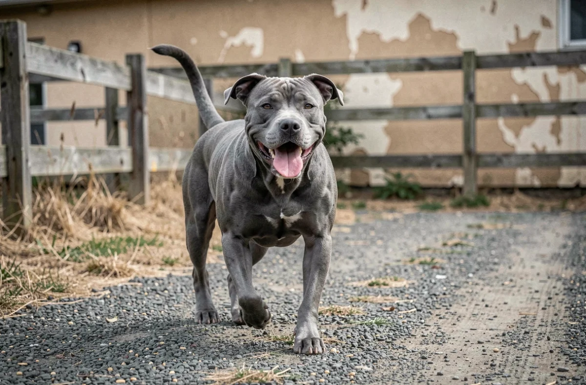 Staffie Bleu adulte en promenade dans la cour extérieure d'un refuge, queue remuante, expression détendue et joyeuse