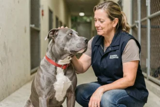 Staffie Bleu adulte assis calmement aux côtés d'une bénévole en refuge animalier, portant un collier rouge, regard confiant vers la femme