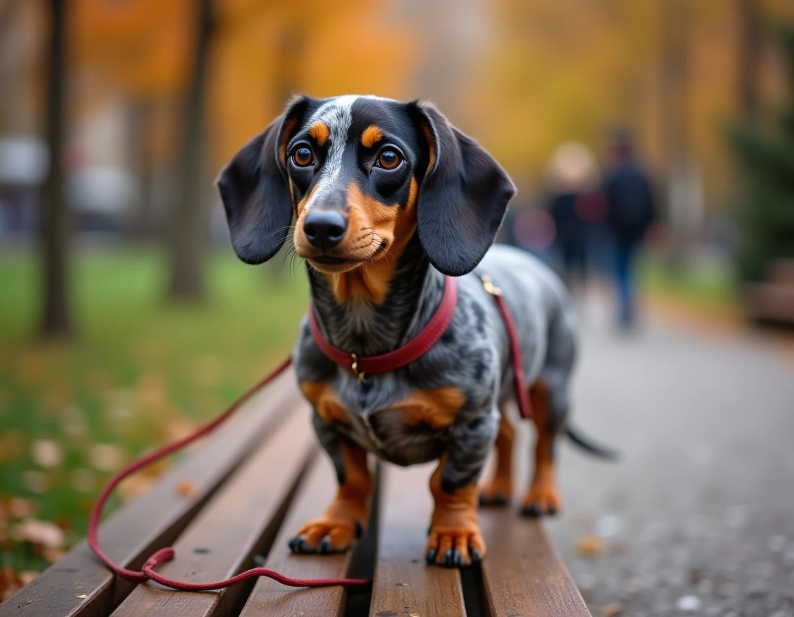Teckel arlequin au pelage merle sur un banc de parc en automne, race prisée par les nouveaux propriétaires