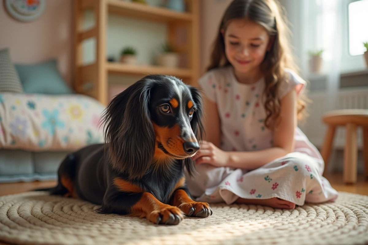 Teckel arlequin à poils longs allongé sur un tapis dans une chambre d'enfant pendant qu'une fillette le caresse affectueusement