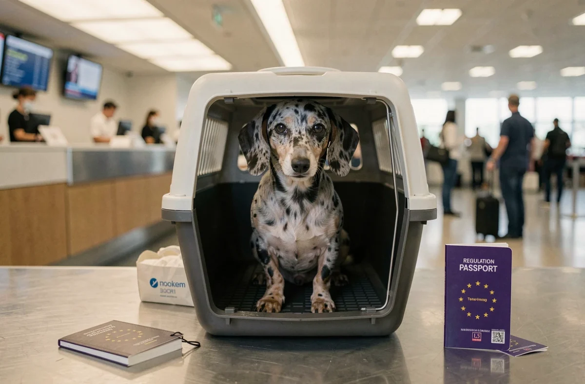 Teckel nain adulte dans une cage de transport homologuée à l'aéroport avec passeport européen pour animal de compagnie