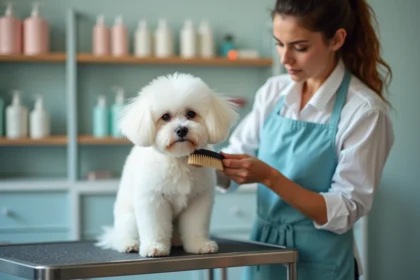 Toiletteuse professionnelle brossant le pelage blanc soyeux d'un Bichon Maltais sur une table de toilettage en salon