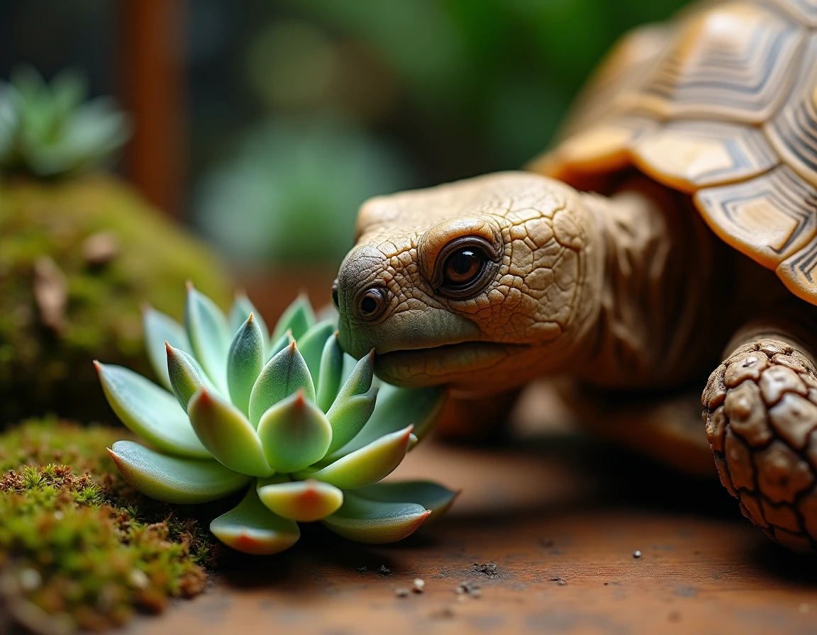 Gros plan d'une tortue explorant une plante haworthia succulente dans un terrarium domestique avec écorce de liège et mousse