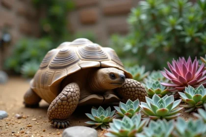 Tortue de Hermann se déplaçant parmi des succulentes echeveria et sedum dans un enclos naturalisé avec sol sableux et pierres plates