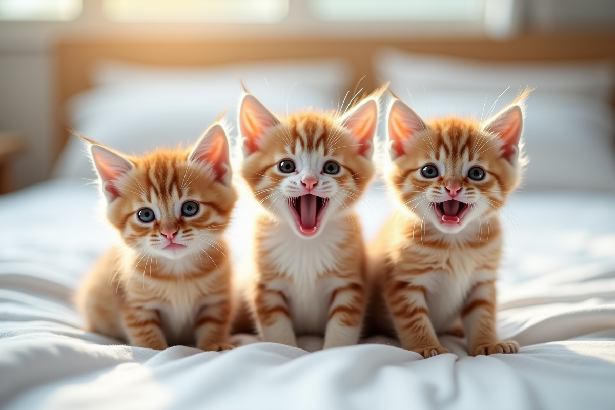 Trois chatons colorés sur un lit blanc en train de miauler