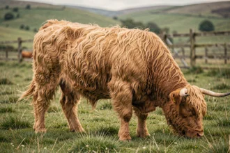 Vache Highland fluffy au pelage doré et bouclé paissant dans un pré vert luxuriant, vue en plan large