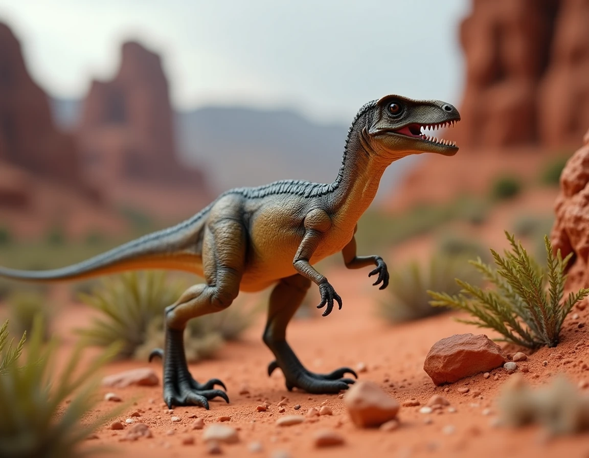 Maquette réaliste d'un Velociraptor carnivore dans un décor de terrain désertique rocheux