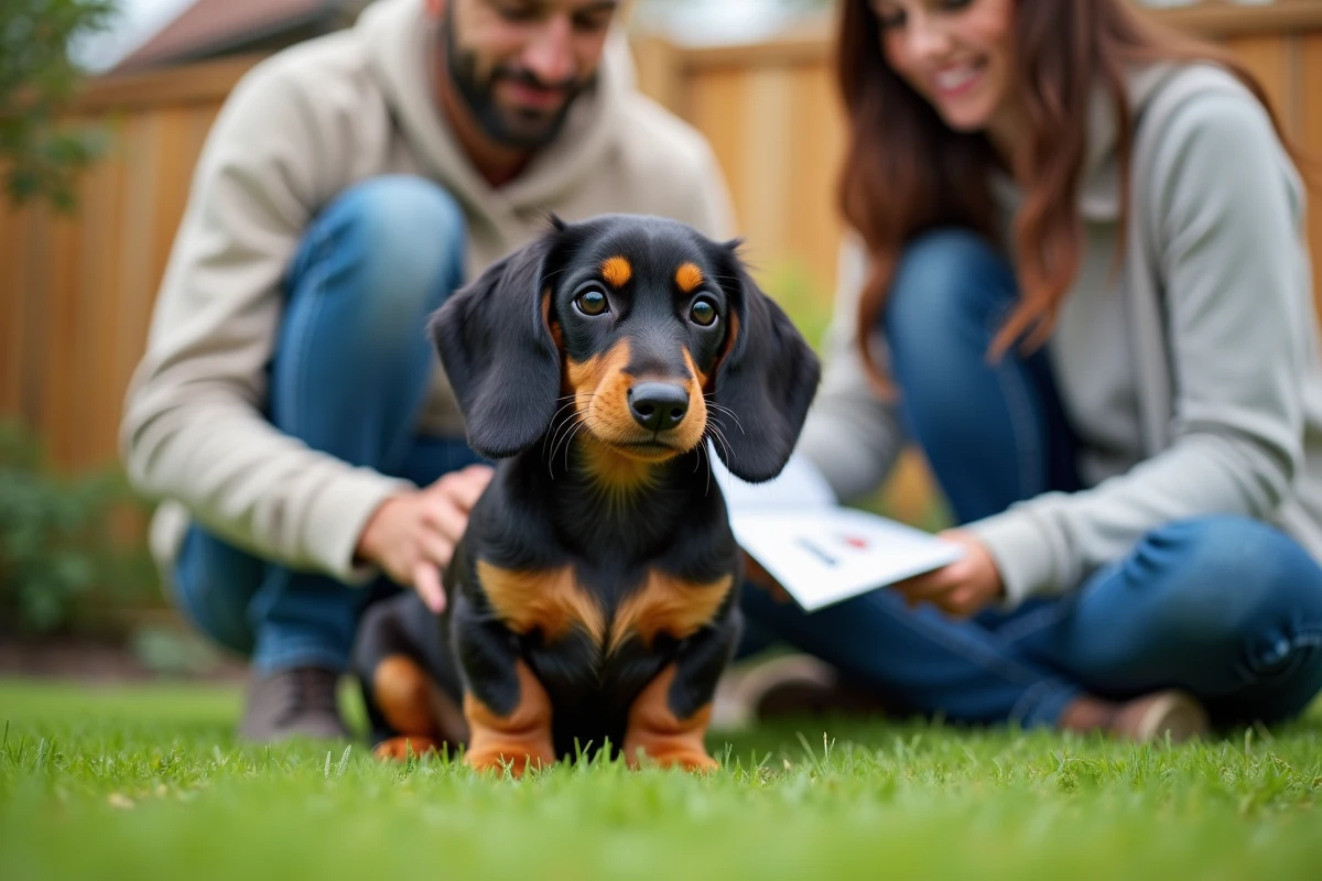 Couple vérifiant le standard d'un chiot teckel poil long lors d'une visite d'adoption en jardin
