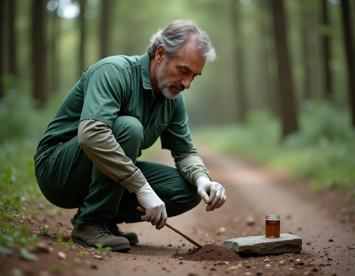 Vétérinaire prélevant un échantillon de crotte de sanglier en forêt pour analyse sanitaire